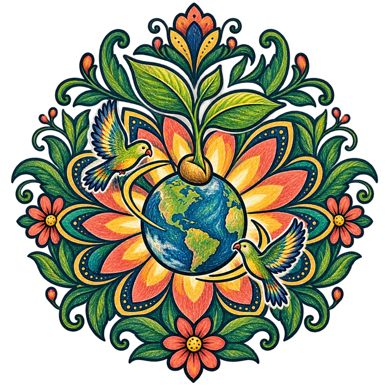 Earth Multiplier globe, seed, flower, and birds emblem