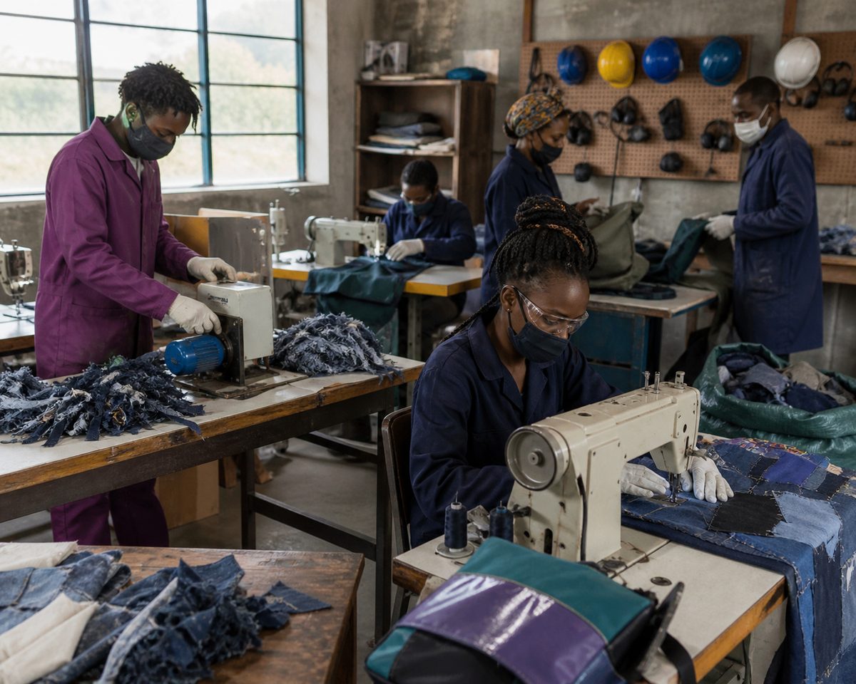 Textile reuse workshop shown inside a working local workshop